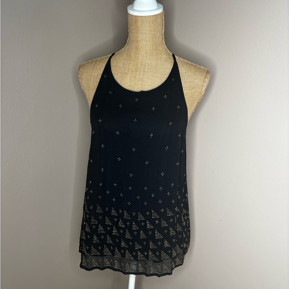 Joie Silk Caviar Gold Beaded Lined High Neck Sleeveless Blouse Black Size Medium